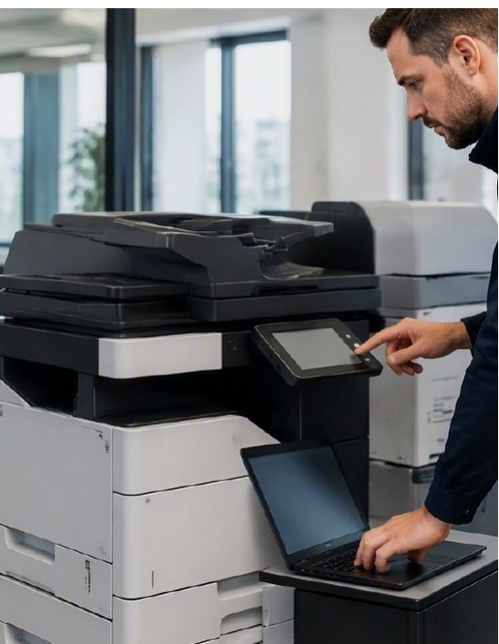 Display eines Multifunktionssystems, daneben ein aufgeklapptes Notebook.